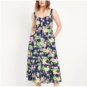 Old Navy Sundress Women Size M Navy Floral Smocked Linen Blend Peasant Boho